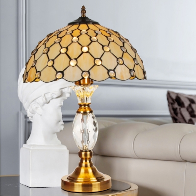 Hand-Cut Glass Trellis Table Lamp Baroque 1 Head Beige Night Stand Light with Crystal Font