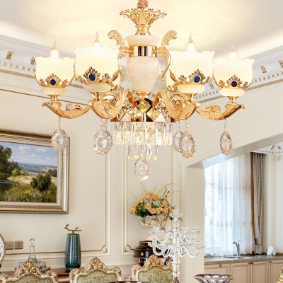 Jade Bud Ceiling Chandelier Vintage Dining Room Pendant Light Fixture in Gold with Crystal Decoration