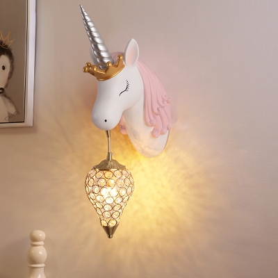 Kids Teardrop Shaped Wall Light Crystal Octagons 1 Head Bedside Sconce Lamp with Unicorn Backplate