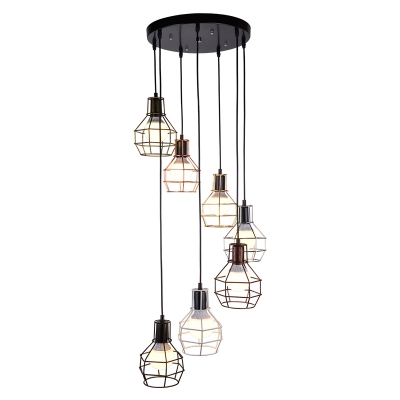 Loft Style Cage Multi Pendant Ceiling Light Iron Staircase Suspension Lamp in Black
