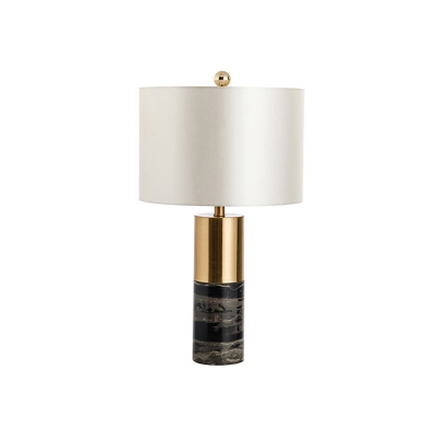 Marble Column Nightstand Light Postmodern 1 Bulb Black Table Lamp with Cylinder Fabric Shade