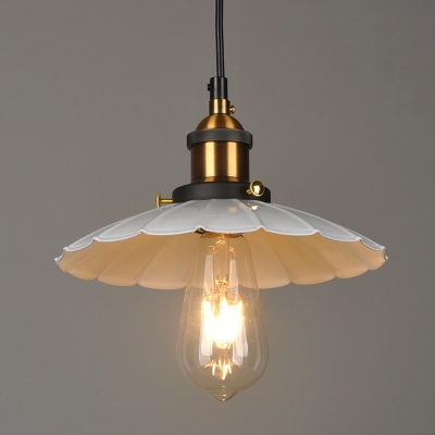 Metallic Scalloped Umbrella Hanging Lamp Vintage Single-Bulb Restaurant Lighting Pendant in White