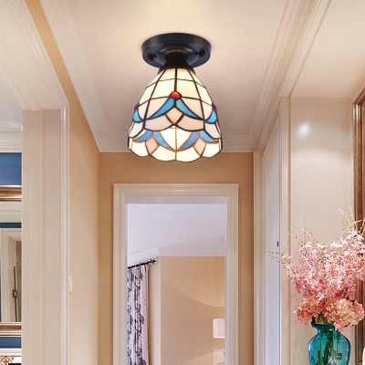 Mini Handcrafted Glass Semi Flush Light Tiffany 1 Bulb Black Ceiling Lamp for Corridor