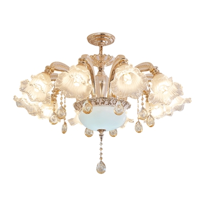 Ruffled Chandelier Lamp Vintage Opal Frosted Glass Ceiling Hang Light with Crystal Deco