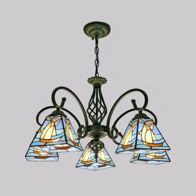 Stained Glass Pyramidal Chandelier Tiffany Bronze Pendant Light Kit with Scroll Arm