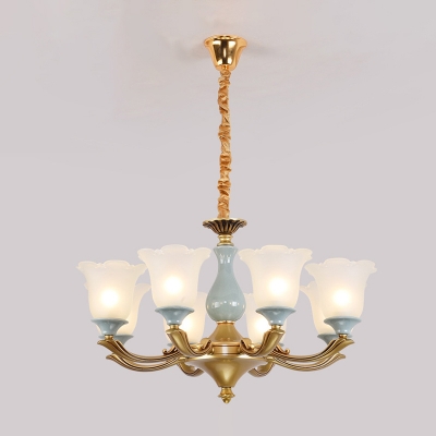 Ceiling Suspension Lamp Antique Bell Flower Frosted Glass Chandelier in Blue and Brass