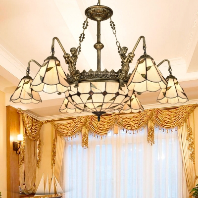 Cut Glass Panel Beige Drop Lamp Conical Tiffany Style Ceiling Chandelier with Scalloped Trim