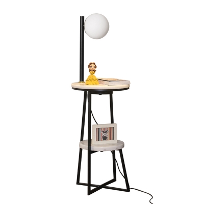 Modern Ball Floor Light Cream Glass Single Living Room LED Standing Lamp with 2-Layer Marble Shelf in Black
