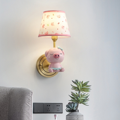 Pink Empire Shade Wall Light Fixture Cartoon 1-Bulb Fabric Sconce with Piglet Statue
