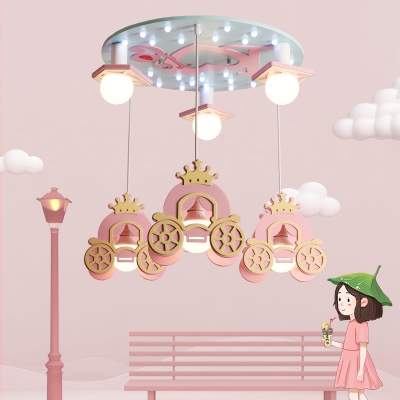 Princess Crown Wooden Ceiling Lamp Kid 6 Bulbs Pink Multiple Hanging Pendant Light