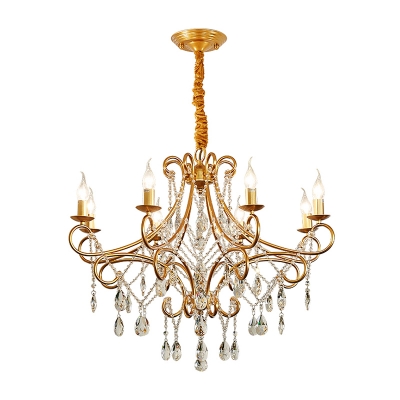 Scroll Arm Metal Hanging Light Vintage Living Room Chandelier in Gold with Crystal Draping