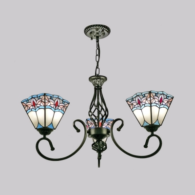 Stained Glass Pyramidal Chandelier Tiffany Bronze Pendant Light Kit with Scroll Arm