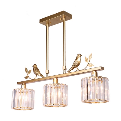 3-Bulb Crystal Block Hanging Pendant Cottage Cylinder Dining Table Island Lamp with Bird Deco