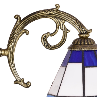 3-Head Bell Shade Flush Light Traditional Blue Stained Glass Pane Semi-Flush Mount Ceiling Light
