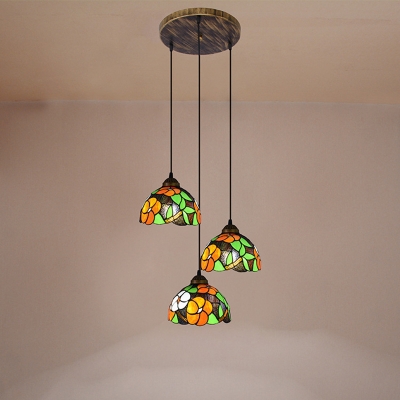 Bowl Pendant Lighting Tiffany Cut Glass 3-Head Orange Ceiling Hang Lamp with Flower Pattern