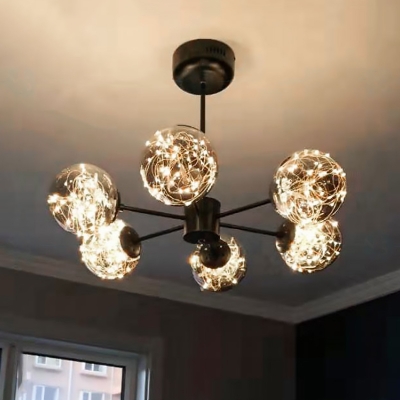 Branched Ceiling Suspension Lamp Contemporary Ball Glass Black LED Chandelier Light
