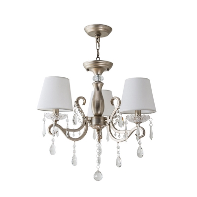 Brushed Silver Swirl Chandelier Light Antique Metal Dining Room Pendant with Fabric Shade and Crystal Drop