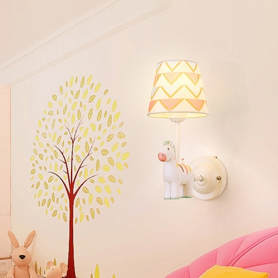 Cartoon Animal Wall Mount Lamp Resin 1-Light Nursery Wall Sconce with Fabric Shade in White