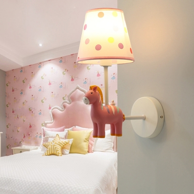 Cartoon Tapered Wall Lamp Dot-Print Fabric 1 Bulb Kids Room Wall Sconce with Horse Decoration