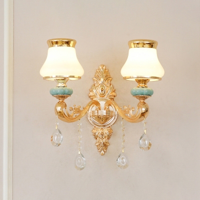 Curved Ivory Glass Wall Lamp Fixture Traditional Bedroom Sconce Light in Gold with Crystal Drop