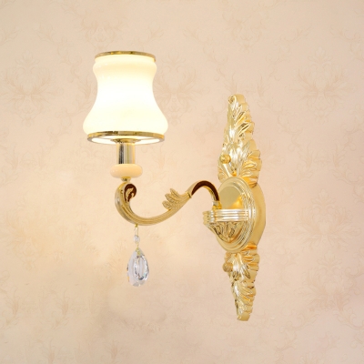 Curved Ivory Glass Wall Lamp Fixture Traditional Bedroom Sconce Light in Gold with Crystal Drop