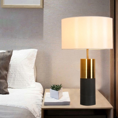 Cylinder Concrete Table Light Minimalistic 1-Bulb Nightstand Lamp with Fabric Shade