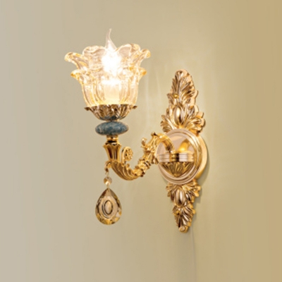 Floral Wall Lighting Traditional Gold Clear Carved Glass Wall Mount Lamp for Bedroom