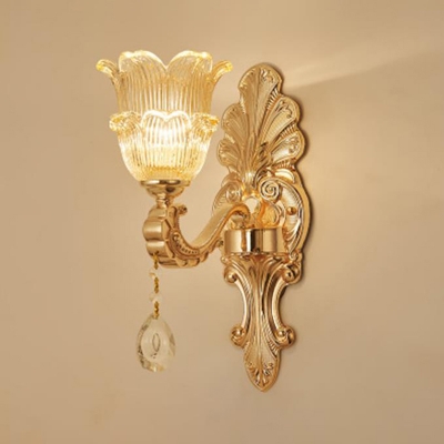 Glass Bloom Wall Mount Lamp Vintage Bedroom Sconce Light Fixture in Gold with Crystal