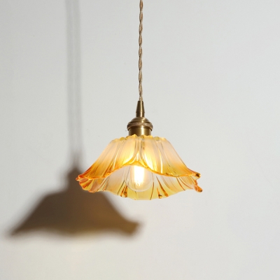 Ombre Glass Yellow Pendant Lamp Flower Shaped Single Loft Style Hanging Ceiling Light