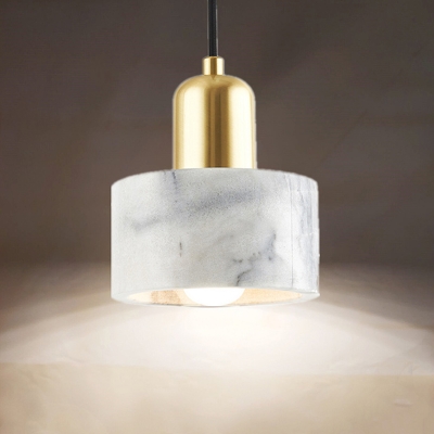 Single-Bulb Bedside Drop Pendant Postmodern White and Brass Ceiling Lamp with Round Marble Shade