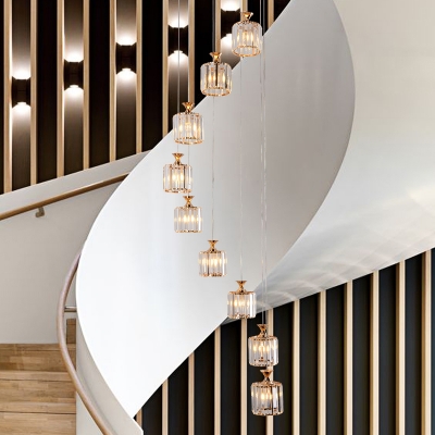 Spiral Staircase Pendant Lighting Crystal 9 Lights Modern Multiple Hanging Lamp with Cylinder Shade