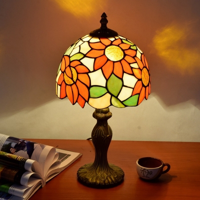 Sunflower Patterned Glass Orange Night Light Hemispherical 1-Light Tiffany Table Lamp
