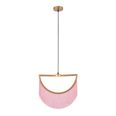 1-Bulb Moon Shaped Hanging Lamp Decorative Brass Metal Pendant with Fringe and Ball Glass Shade