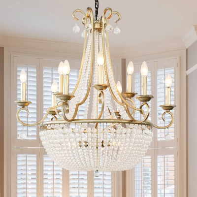 Basket Shaped Hanging Chandelier French Country Crystal Beading Ceiling Suspension Lamp