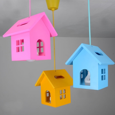 Cartoon 3 Bulbs Multi-Light Pendant Blue House Hanging Lamp with Wooden Shade for Kids Room