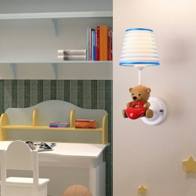 Cartoon Animal Wall Mount Lamp Resin 1-Light Nursery Wall Sconce with Fabric Shade in White
