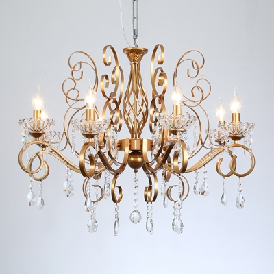 Chandelier Light Fixture Antique Candle Crystal Hanging Pendant Lamp with Scroll Arm in Brass