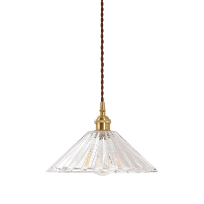Conical Bedroom Hanging Lamp Minimalism Clear Rib Glass Brass Suspended Lighting Fixture