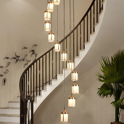 Cylinder Pendant Light Fixture Postmodern Frosted White Glass Stairs Multi Ceiling Light in Brass