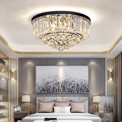 Drum Shaped Bedroom Ceiling Lamp Modern K9 Crystal Black Flush-Mount Light Fixture