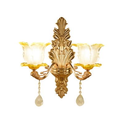Floral Living Room Wall Sconce Traditional Frost Glass Gold Wall Mounted Light Fixture