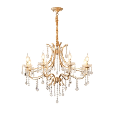 Gold Finish Candlestick Chandelier Traditional Metal Dining Room Suspension Light with Crystal Drop