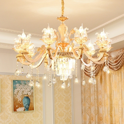 Handmade Clear Glass Floral Hanging Pendant Traditional Sitting Room Chandelier with Crystal Bottom in Gold