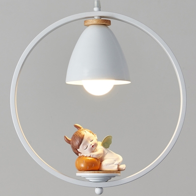 Matte White Bell Hanging Lamp Nordic 1 Head Metal Pendant Light Fixture with Figurine and Metal Ring