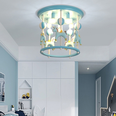Merry-Go-Round Ceiling Mount Lamp Cartoon Resin 6-Bulb Bedroom Flush Light Fixture