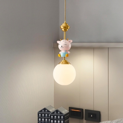 Milky Glass Ball Pendant Light Kids 1-Light Gold Pendulum Light with Sheep Decor