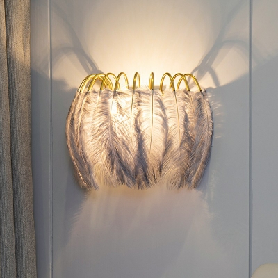Natural Feather Curved Sconce Lighting Nordic 1 Bulb Gold Finish Flush Mount Wall Light