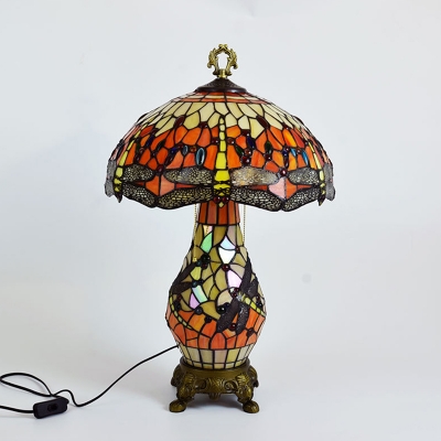 Orange 3 Lights Pull-Chain Table Lamp Tiffany Stained Glass Mushroom Shaped Night Light with Dragonfly Pattern