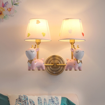 Pink Sika Deer Shaped Wall Light Cartoon Resin Sconce Lamp with Fabric Empire Shade