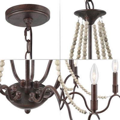 Rust 9-Light Chandelier Country Metal Candlestick Suspension Light with Wood Beading